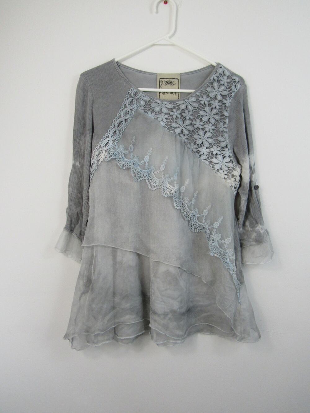 Vintage Concept Medium Blue Tie Dye Ombre Mixed Media Sheer Overlay Blouse Top
